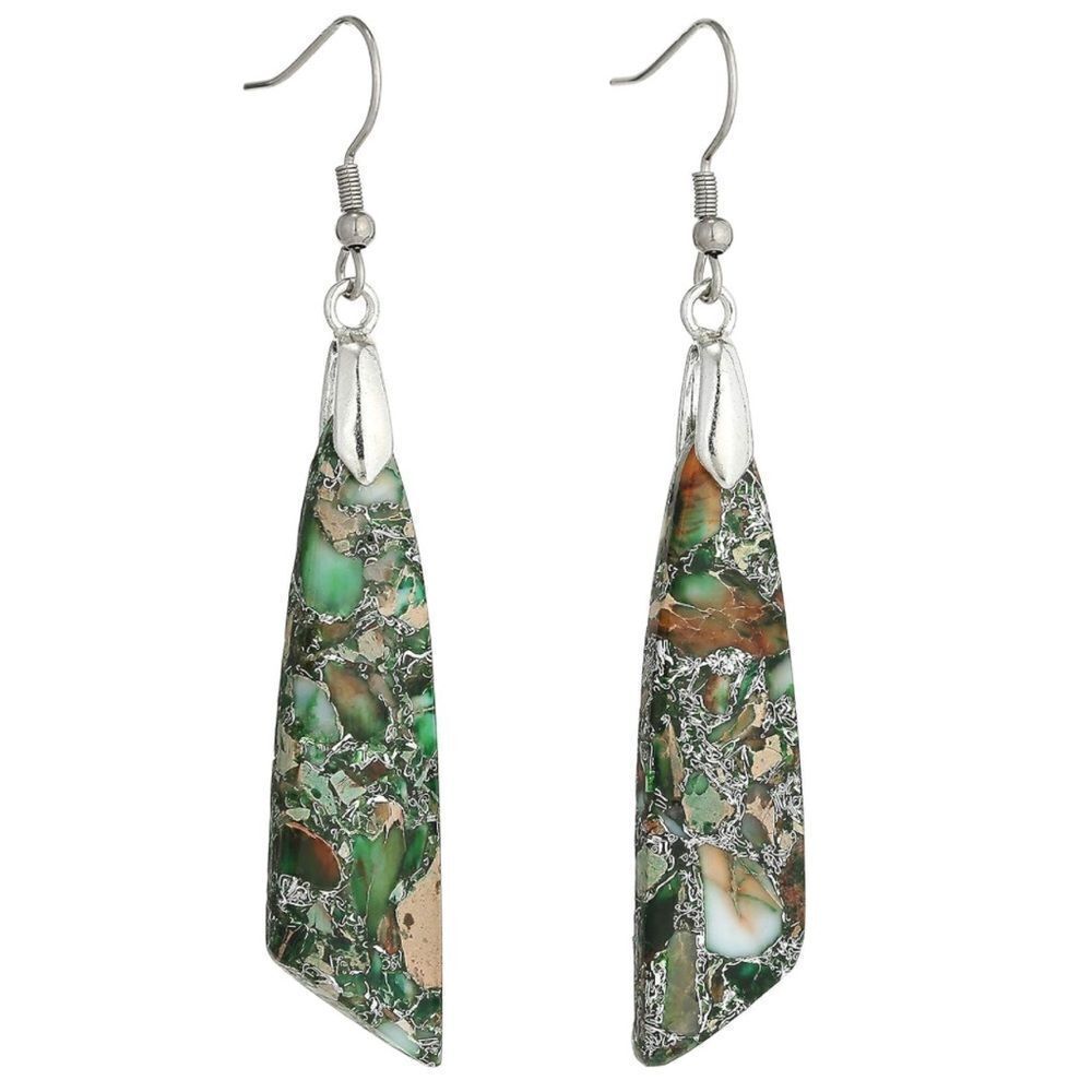 18K White Gold with Natural Imperial Green Jasper Stone Dangling Hook Earrings